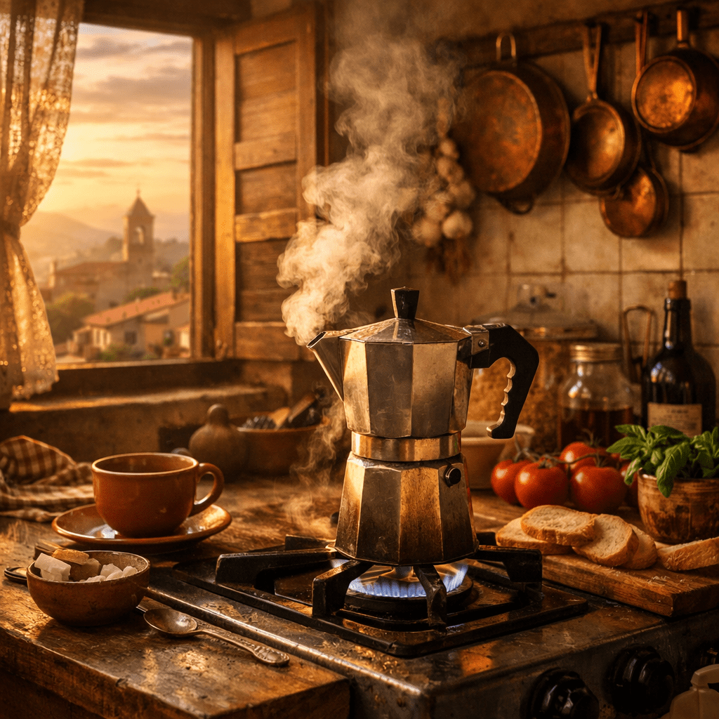 Moka pot brewing coffee on gas stove with steam rising, surrounded by kitchen items