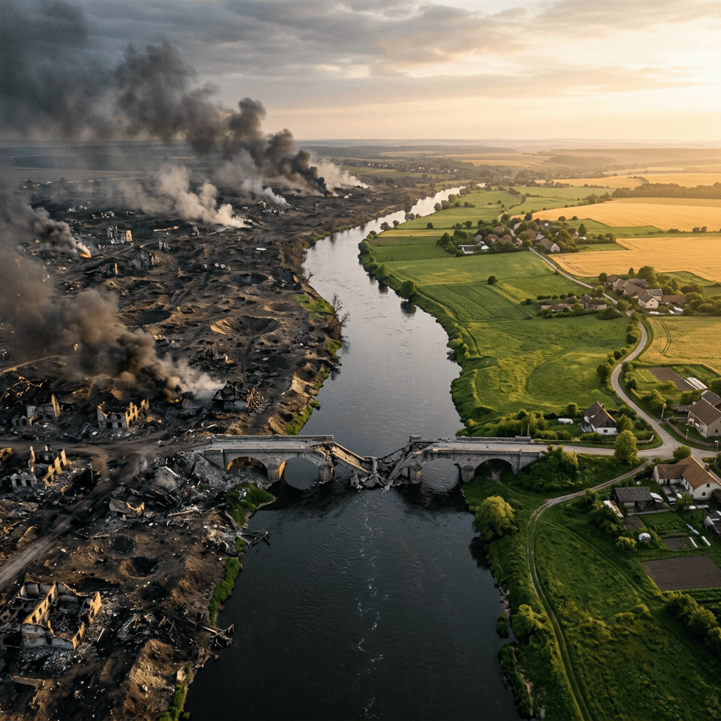 A river and stone bridge separate burned land from green farmland